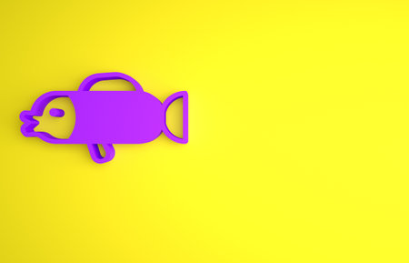 Purple Puffer fish icon isolated on yellow background. Fugu fish japanese puffer fish. Minimalism concept. 3D render illustrationの写真素材