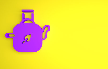 Purple Teapot with leaf icon isolated on yellow background. Minimalism concept. 3D render illustrationの写真素材