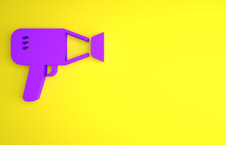 Purple Hair dryer icon isolated on yellow background. Hairdryer sign. Hair drying symbol. Blowing hot air. Minimalism concept. 3D render illustrationの写真素材