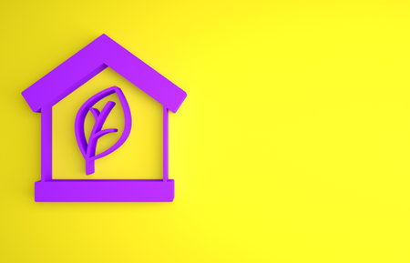 Purple Eco friendly house icon isolated on yellow background. Eco house with leaf. Minimalism concept. 3D render illustrationの写真素材