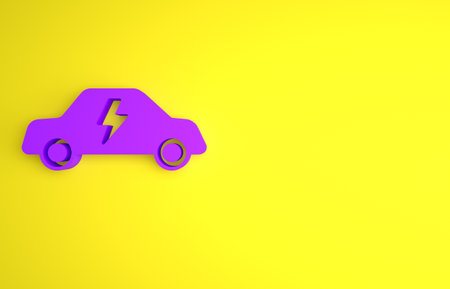 Purple Electric car and electrical cable plug charging icon isolated on yellow background. Renewable eco technologies. Minimalism concept. 3D render illustrationの写真素材