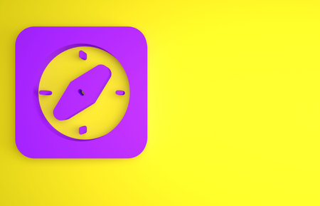 Purple Compass icon isolated on yellow background. Windrose navigation symbol. Wind rose sign....