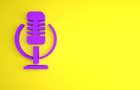 Purple Microphone icon isolated on yellow background. On air radio mic microphone. Speaker sign. Minimalism concept. 3D render illustrationの写真素材