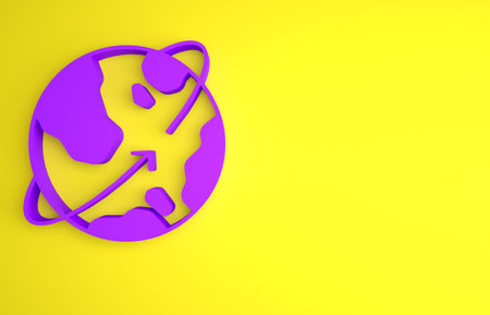 Purple Artificial satellites orbiting the planet Earth in outer space icon isolated on yellow background. Communication, navigation concept. Minimalism concept. 3D render illustrationの写真素材