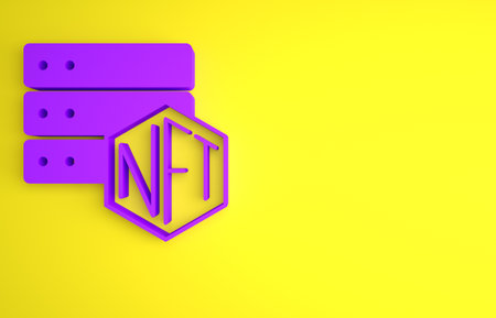 Purple NFT blockchain technology icon isolated on yellow background. Non fungible token. Digital crypto art concept. Minimalism concept. 3D render illustrationの写真素材