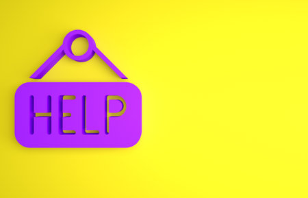 Purple Signboard with text Help icon isolated on yellow background. Minimalism concept. 3D render illustrationの写真素材