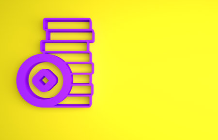 Purple Chinese Yuan currency symbol icon isolated on yellow background. Coin money. Banking currency sign. Cash symbol. Minimalism concept. 3D render illustrationの写真素材