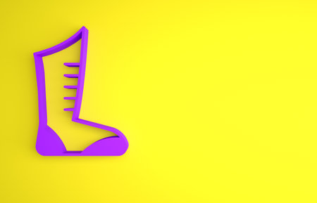 Purple Sport boxing shoes icon isolated on yellow background. Wrestling shoes. Minimalism concept. 3D render illustrationの写真素材