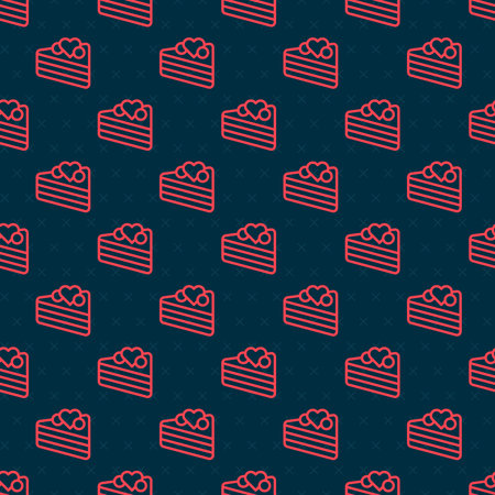 Red line Wedding cake with heart icon isolated seamless pattern on black background. Happy...