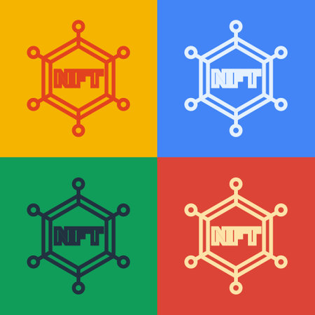 Pop art line NFT blockchain technology icon isolated on color background. Non fungible token. Digital crypto art concept. Vectorのイラスト素材