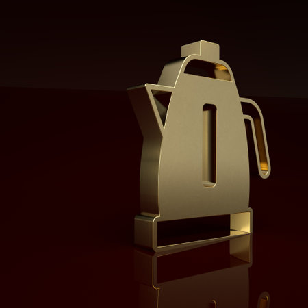 Gold Electric kettle icon isolated on brown background. Teapot icon. Minimalism concept. 3D render illustrationの写真素材