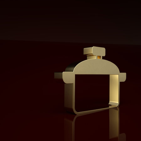 Gold Cooking pot icon isolated on brown background. Boil or stew food symbol. Minimalism concept. 3D...