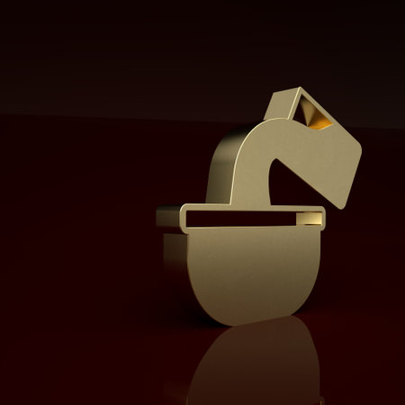 Gold Saucepan icon isolated on brown background. Cooking pot. Boil or stew food symbol. Minimalism concept. 3D render illustrationの写真素材