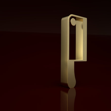 Gold Meat chopper icon isolated on brown background. Kitchen knife for meat. Butcher knife. Minimalism concept. 3D render illustrationの写真素材