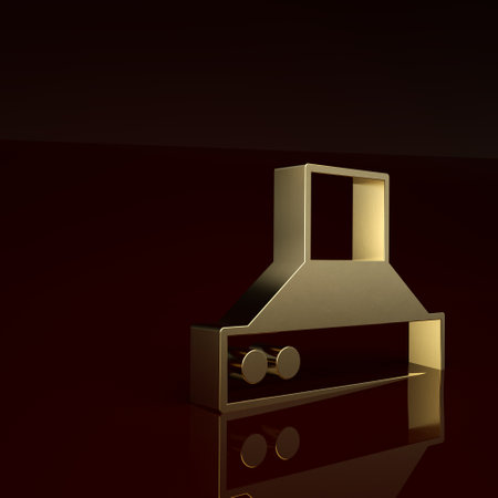 Gold Kitchen extractor fan icon isolated on brown background. Cooker hood. Kitchen exhaust. Household appliance. Minimalism concept. 3D render illustrationの写真素材