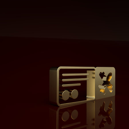 Gold Airline ticket icon isolated on brown background. Plane ticket. Minimalism concept. 3D render illustrationの写真素材