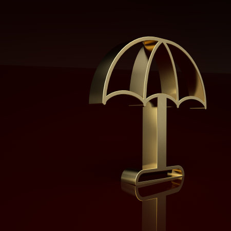 Gold Sun protective umbrella for beach icon isolated on brown background. Large parasol for outdoor space. Beach umbrella. Minimalism concept. 3D render illustrationの写真素材