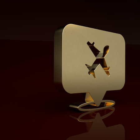 Gold Speech bubble with airplane travel icon isolated on brown background. Plane flight transport sign. Holidays symbol. Minimalism concept. 3D render illustrationの写真素材