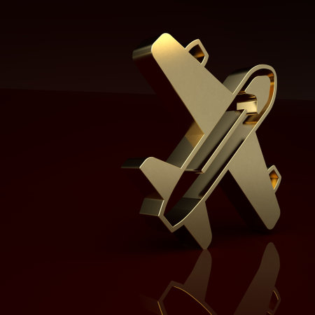 Gold Plane icon isolated on brown background. Flying airplane icon. Airliner sign. Minimalism concept. 3D render illustrationの写真素材