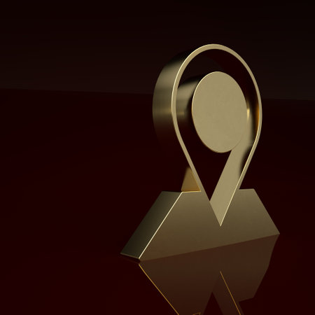 Gold Location icon isolated on brown background. World or Earth sign. Minimalism concept. 3D render illustrationの写真素材