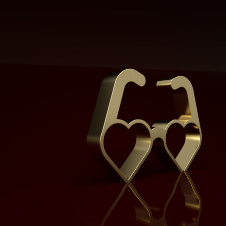 Gold Heart shaped love glasses icon isolated on brown background. Suitable for Valentine day card design. Minimalism concept. 3D render illustrationの写真素材