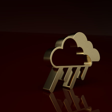 Gold Cloud with rain icon isolated on brown background. Rain cloud precipitation with rain drops. Minimalism concept. 3D render illustrationの写真素材