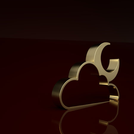 Gold Cloud with moon icon isolated on brown background. Cloudy night sign. Sleep dreams symbol. Night or bed time sign. Minimalism concept. 3D render illustrationの写真素材