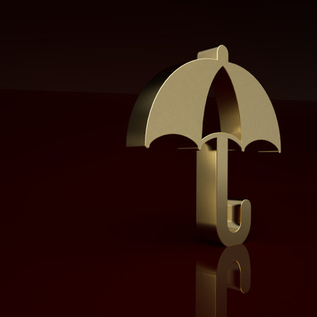 Gold Classic elegant opened umbrella icon isolated on brown background. Rain protection symbol. Minimalism concept. 3D render illustrationの写真素材