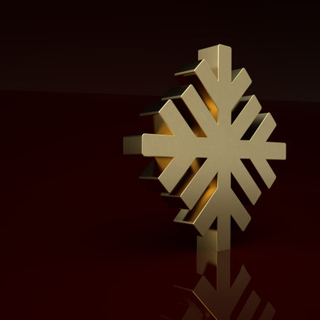 Gold Snowflake icon isolated on brown background. Minimalism concept. 3D render illustrationの写真素材