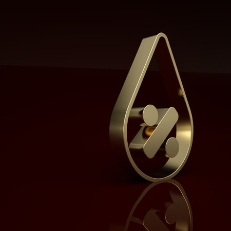 Gold Water drop percentage icon isolated on brown background. Humidity analysis. Minimalism concept. 3D render illustrationの写真素材