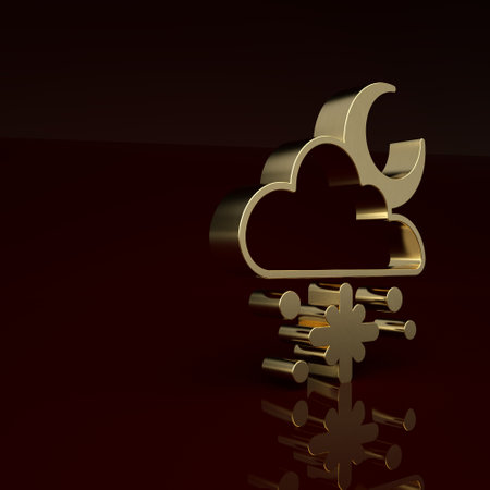 Gold Cloud with snow and sun icon isolated on brown background. Cloud with snowflakes. Single weather icon. Snowing sign. Minimalism concept. 3D render illustrationの写真素材