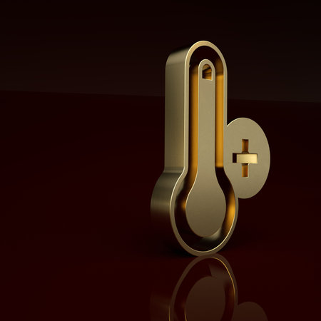 Gold Meteorology thermometer measuring heat and cold icon isolated on brown background. Thermometer...