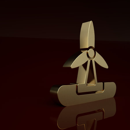 Gold Wind turbine icon isolated on brown background. Wind generator sign. Windmill for electric power production. Minimalism concept. 3D render illustrationの写真素材