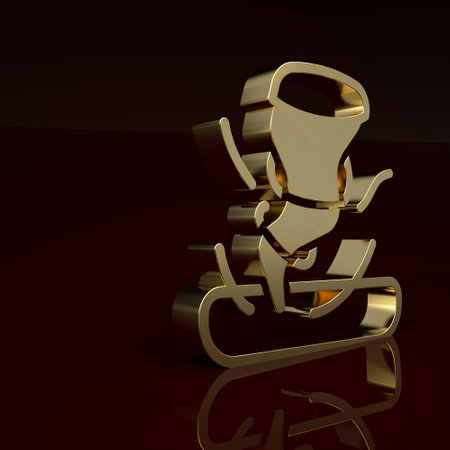 Gold Tornado icon isolated on brown background. Cyclone, whirlwind, storm funnel, hurricane wind or twister weather icon. Minimalism concept. 3D render illustrationの写真素材