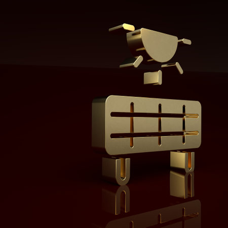 Gold Solar energy panel icon isolated on brown background. Minimalism concept. 3D render illustrationの写真素材
