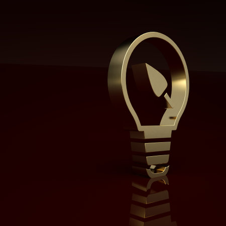 Gold Light bulb with leaf icon isolated on brown background. Eco energy concept. Alternative energy concept. Minimalism concept. 3D render illustrationの写真素材