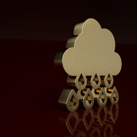 Gold Cloud with rain icon isolated on brown background. Rain cloud precipitation with rain drops. Minimalism concept. 3D render illustrationの写真素材