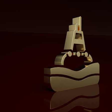Gold Floating buoy on the sea icon isolated on brown background. Minimalism concept. 3D render illustrationの写真素材