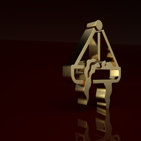 Gold Plant in hanging pot icon isolated on brown background. Decorative macrame handmade hangers for flower pot, hang indoor plants. Minimalism concept. 3D render illustrationの写真素材