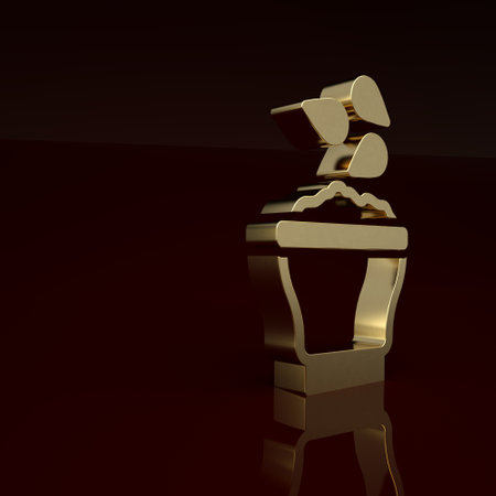 Gold Seeds in bowl icon isolated on brown background. Minimalism concept. 3D render illustrationの写真素材
