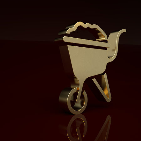 Gold Wheelbarrow with dirt icon isolated on brown background. Tool equipment. Agriculture cart wheel farm. Minimalism concept. 3D render illustrationの写真素材