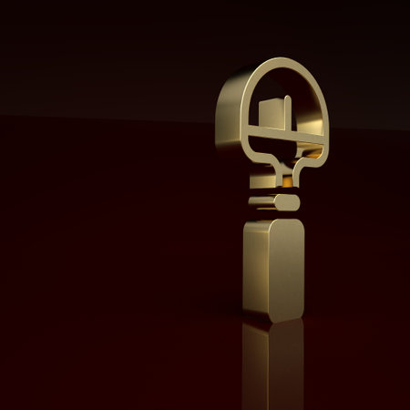Gold Shovel icon isolated on brown background. Gardening tool. Tool for horticulture, agriculture, farming. Minimalism concept. 3D render illustrationの写真素材
