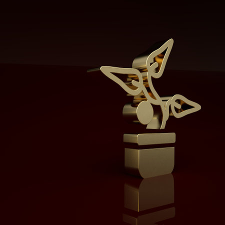 Gold Plant in pot icon isolated on brown background. Plant growing in a pot. Potted plant sign. Minimalism concept. 3D render illustrationの写真素材