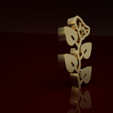 Gold Ivy branch icon isolated on brown background. Branch with leaves. Minimalism concept. 3D render illustrationの写真素材