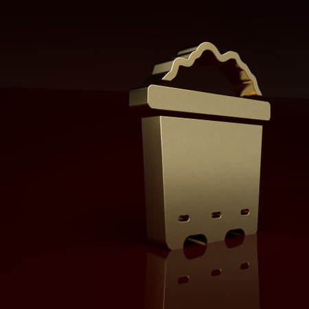 Gold Pot with soil icon isolated on brown background. Minimalism concept. 3D render illustrationの写真素材