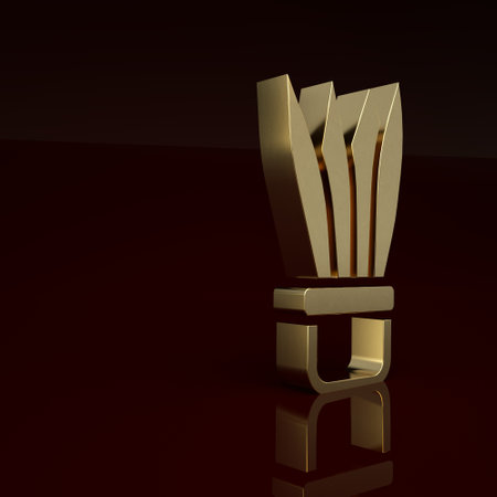 Gold Plant in pot icon isolated on brown background. Plant growing in a pot. Potted plant sign. Minimalism concept. 3D render illustrationの写真素材