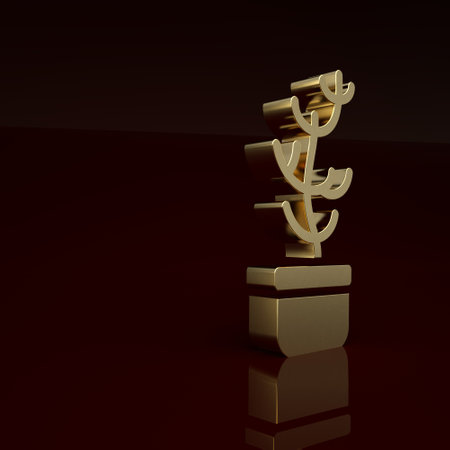 Gold Exotic tropical plant in pot icon isolated on brown background. Minimalism concept. 3D render illustrationの写真素材