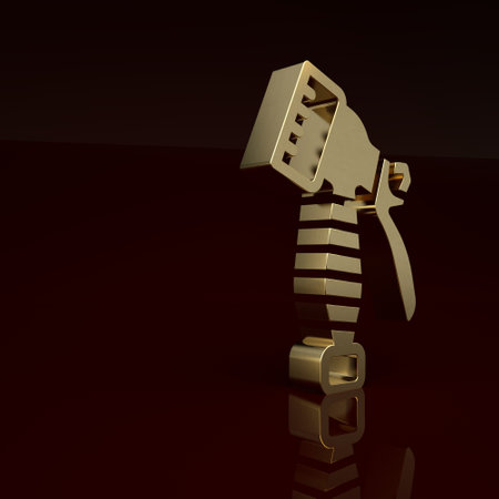 Gold Water spray bottle icon isolated on brown background. Sprinkler for ironing. Minimalism concept. 3D render illustrationの写真素材