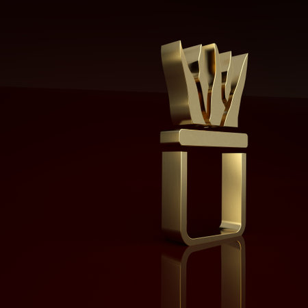 Gold Plant in pot icon isolated on brown background. Plant growing in a pot. Potted plant sign. Minimalism concept. 3D render illustrationの写真素材