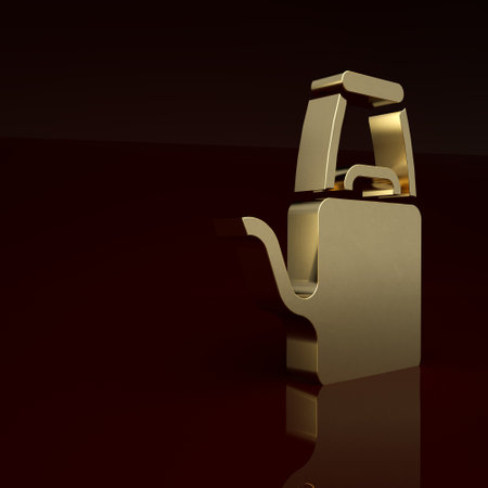 Gold Watering can icon isolated on brown background. Irrigation symbol. Minimalism concept. 3D render illustrationの写真素材